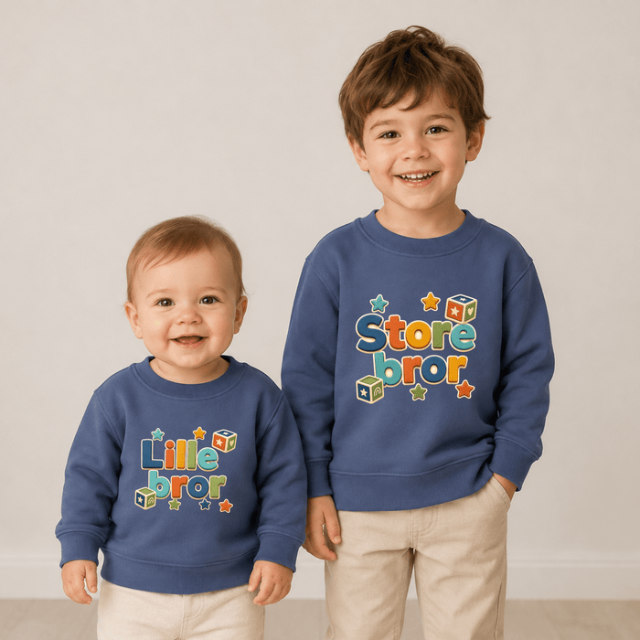 Storebror & Lillebror Farverige Byggeklodser Matching Sweatshirts - Märchen Mode aus Bio-Baumwolle personalisierte geschenke Babyset & Bodys mit spruch & Geschenkideen für Neugeborene & 0–24 Monate & und perfekt als Geschenk zur Geburt