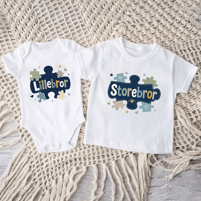 Storebror & Lillebror Matchende Sæt Version Puzzle - Märchen Mode aus Bio-Baumwolle personalisierte geschenke Babyset & Bodys mit spruch & Geschenkideen für Neugeborene & 0–24 Monate & und perfekt als Geschenk zur Geburt