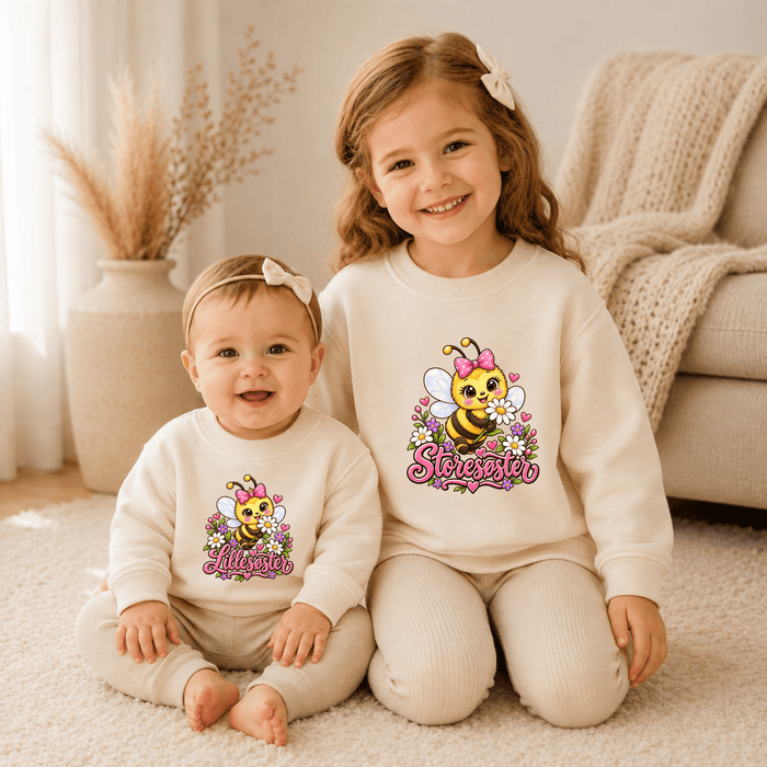 Storesøster & Lillesøster Bi & Blomster Matching Sweatshirts - Märchen Mode aus Bio-Baumwolle personalisierte geschenke Babyset & Bodys mit spruch & Geschenkideen für Neugeborene & 0–24 Monate & und perfekt als Geschenk zur Geburt