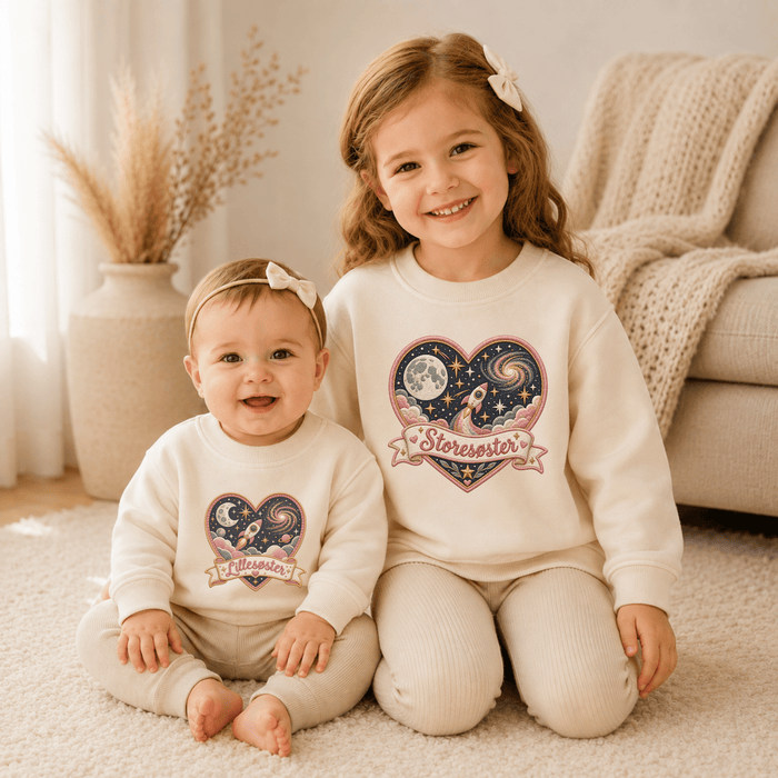 Storesøster & Lillesøster Rumhjerte Matching Sweatshirts - Märchen Mode aus Bio-Baumwolle personalisierte geschenke Babyset & Bodys mit spruch & Geschenkideen für Neugeborene & 0–24 Monate & und perfekt als Geschenk zur Geburt