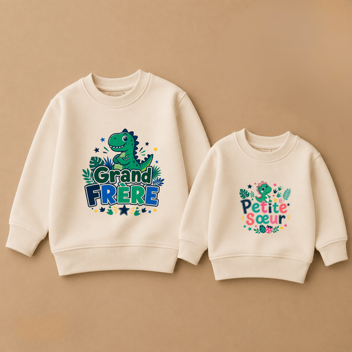 Sweaters assortis grand frère & petite sœur dinosaure - Märchen Mode aus Bio-Baumwolle personalisierte geschenke Babyset & Bodys mit spruch & Geschenkideen für Neugeborene & 0–24 Monate & und perfekt als Geschenk zur Geburt