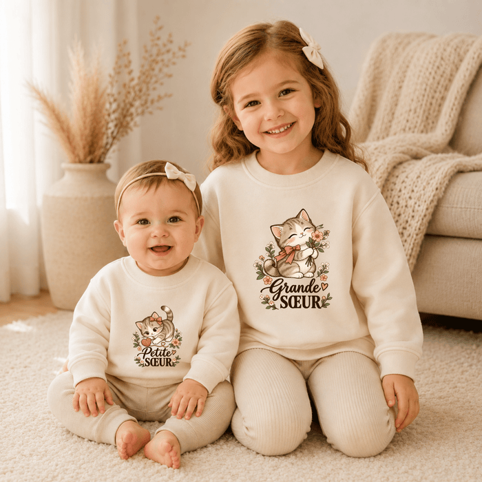 Sweaters assortis grande sœur & petite sœur chaton - Märchen Mode aus Bio-Baumwolle personalisierte geschenke Babyset & Bodys mit spruch & Geschenkideen für Neugeborene & 0–24 Monate & und perfekt als Geschenk zur Geburt